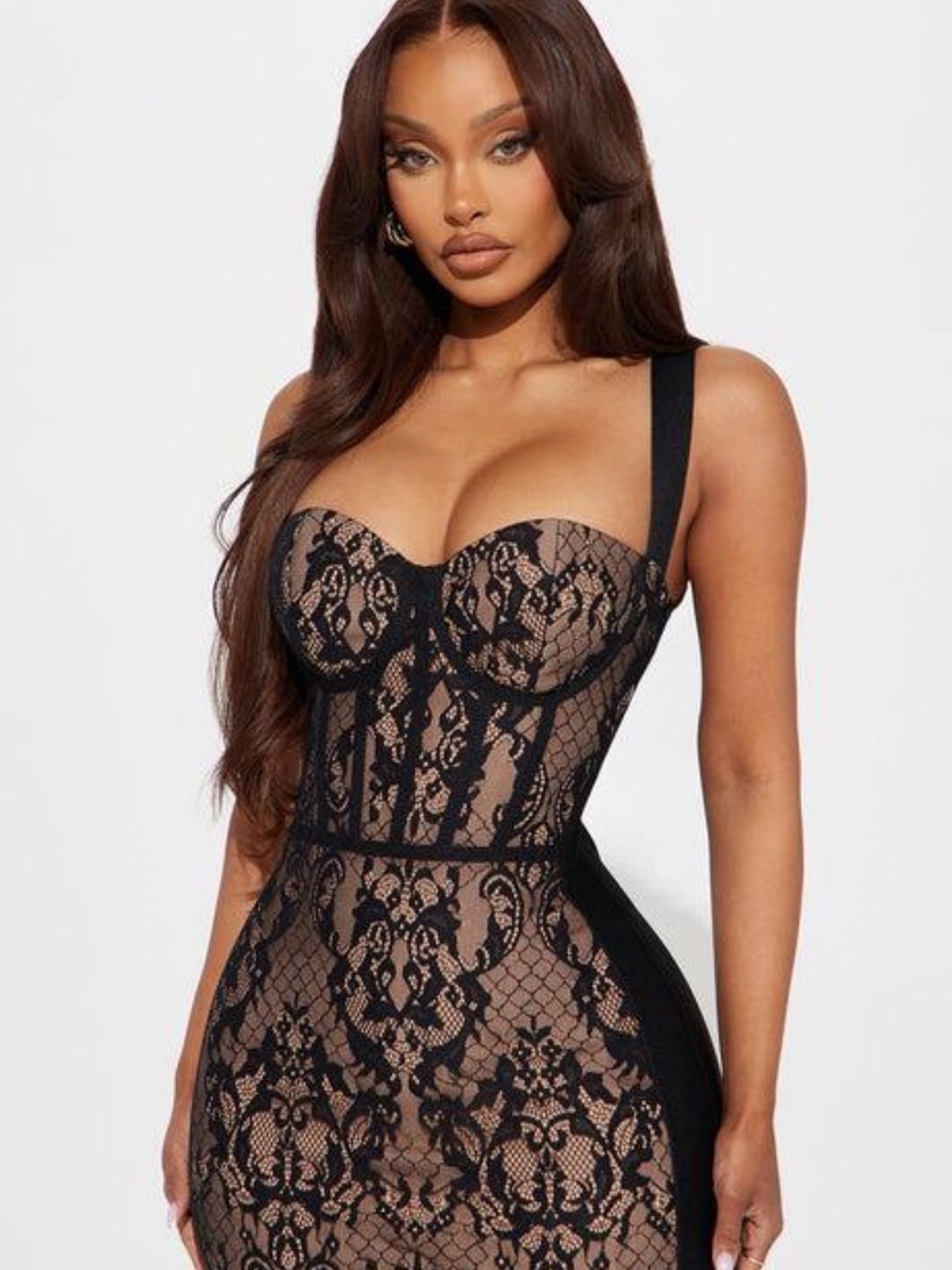 Fashion Nova Act Up lace bandage dress Midi black and nude corset